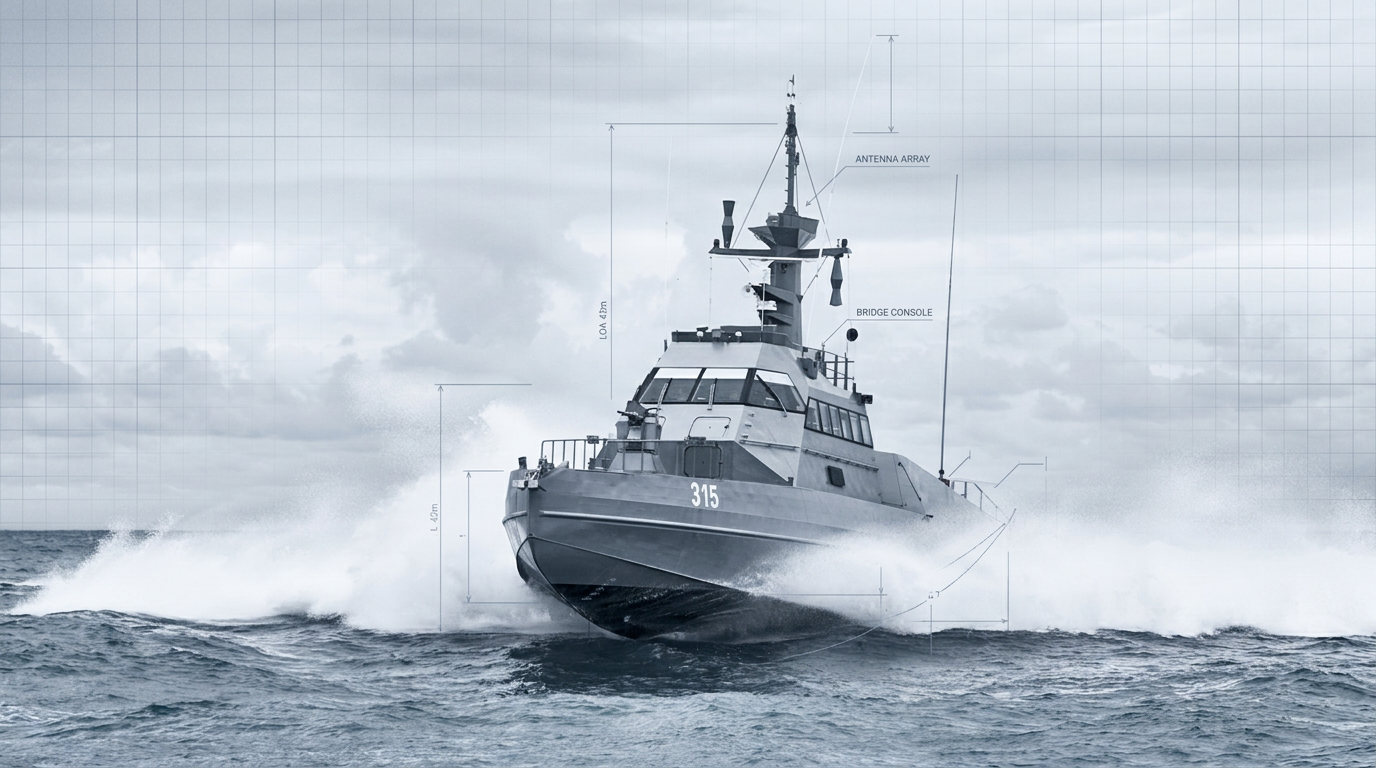 CMN HSI-32 high-speed patrol vessel front view with blueprint treatment